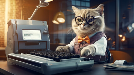 Humorous scene with a cat using AI technology at home