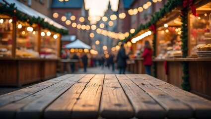 Enchanting Christmas Market Festive Atmosphere and Wooden Table