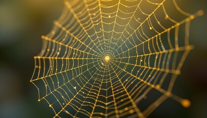 a striking spider web, elegantly adorned with intricate gold spiral patterns that draw the eye amidst the natural hues of an outdoor setting.