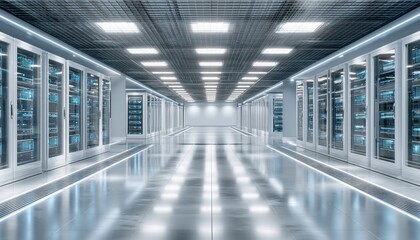 Fototapeta premium Modern cloud technology concept data center with advanced cloud technologies and servers in bright futuristic environment