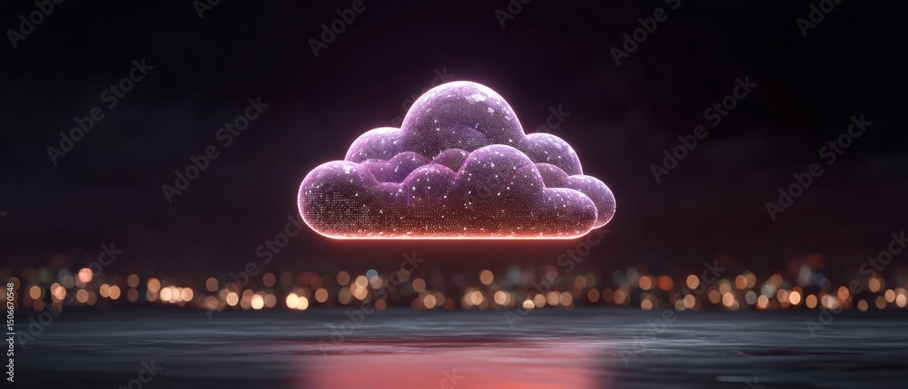 Poster modern cloud technology concept with glowing data points floating above reflective surface represent