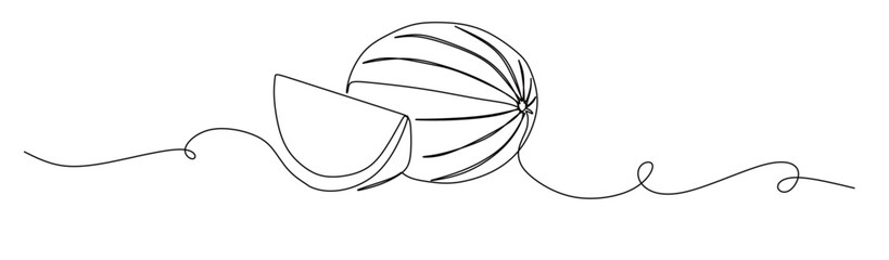 continuous single line art of a whole and split watermelon with curved and snaking lines