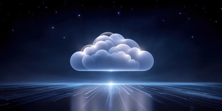 Cloud technology concept with glowing data center and modern cloud technologies in futuristic digital environment at night