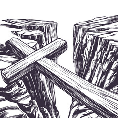 Christian wooden cross lying over the chasm, uniting us with God. Easter . symbol of Christianity hand drawn vector illustration

