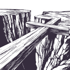 Christian wooden cross lying over the chasm, uniting us with God. Easter . symbol of Christianity hand drawn vector illustration
