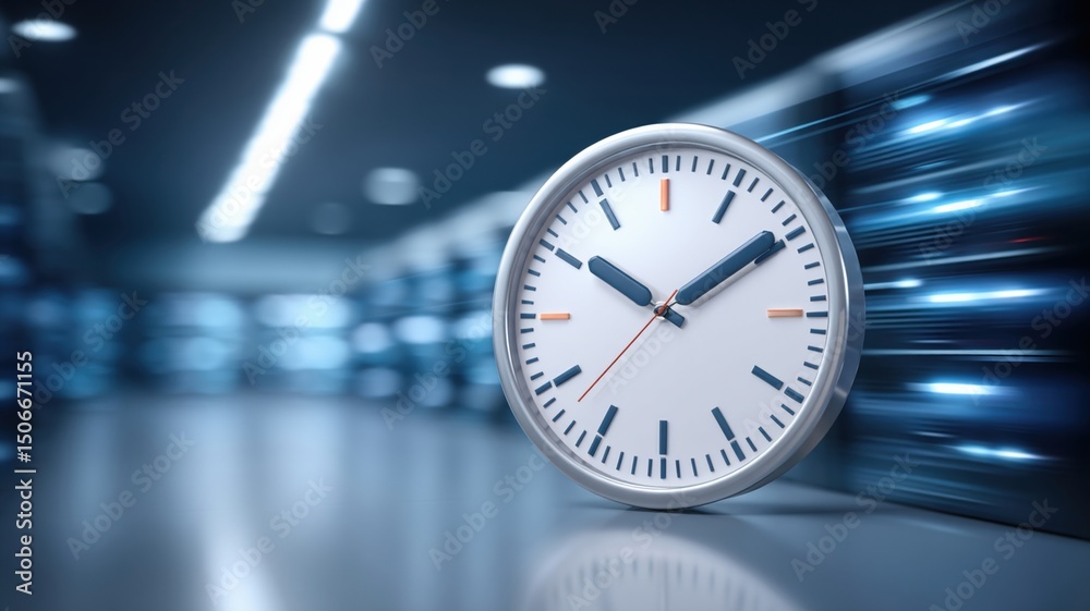 Poster modern clock in data center symbolizes concept of time management in cloud technology and modern clo