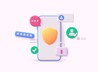 Phone with security. Password interface to log in,. Update personal data concept. Getting a new username and password for an account. 3D Web Vector Illustrations.