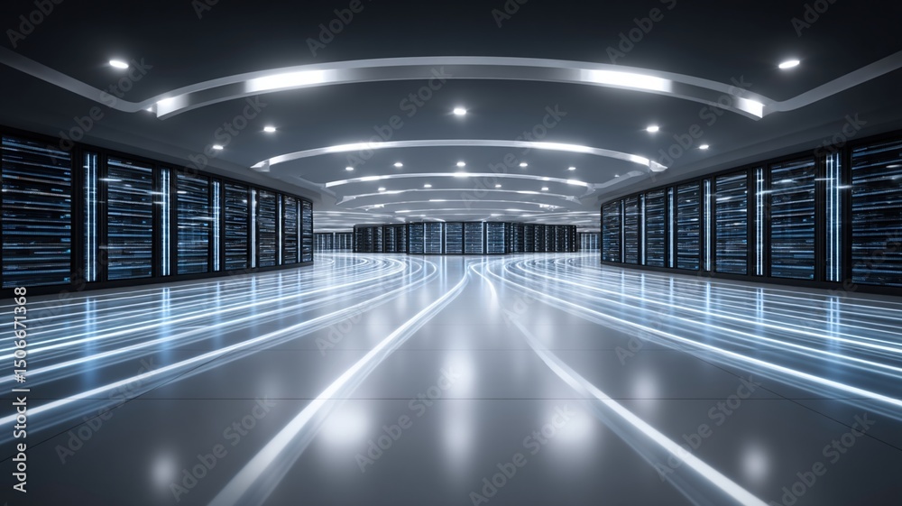 Poster modern data center with cloud technology concept featuring glowing lines and advanced cloud technolo