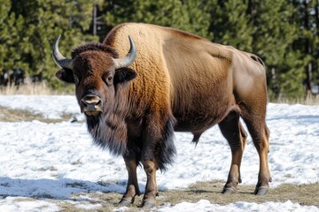 Yellowstone Snow. Big Male Bison in Winter Landscape Staring at Camera