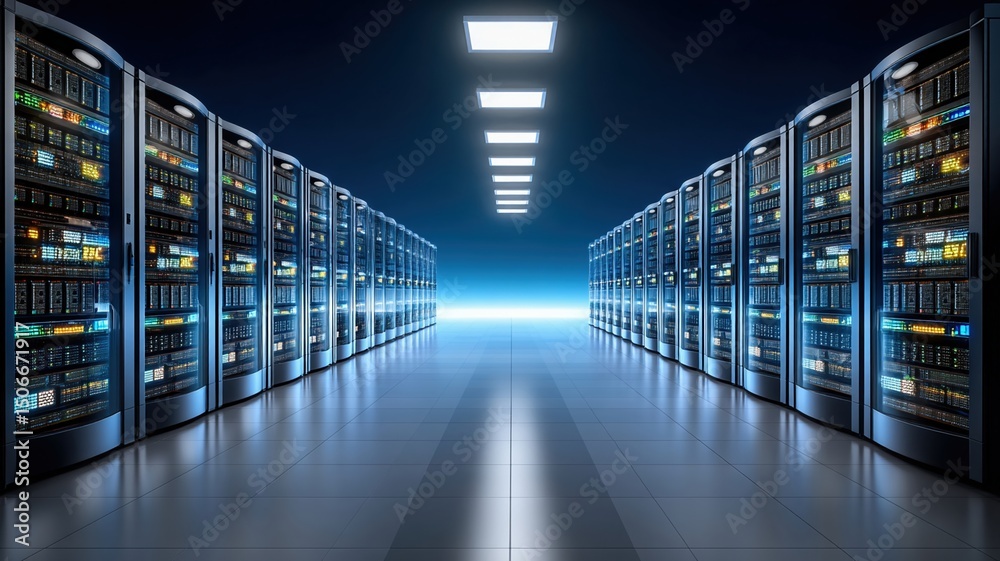Poster modern data center with rows of servers showcasing cloud technology concept and advanced cloud techn