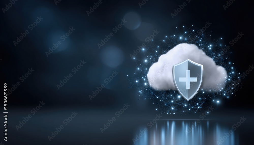 Poster cloud technology concept with shield symbolizing data protection in modern cloud center using advanc