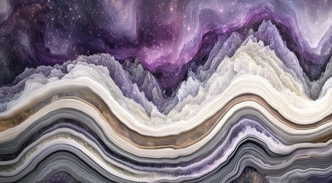 Abstract digital artwork depicting layered, swirling mountains reminiscent of agate, overlaid with a cosmic, nebula-like sky in shades of purple, grey, and white
