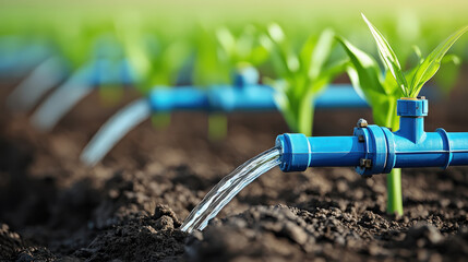 Close up of blue irrigation system watering young green plants in field, highlighting sustainable agriculture practices and efficient water use