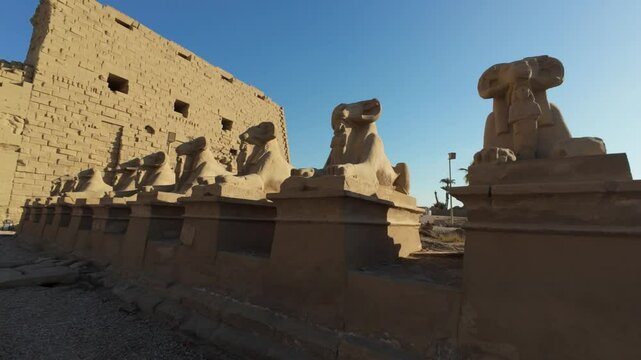 Row of ram-headed sphinxes under blue sky at Karnak Temple, Egypt