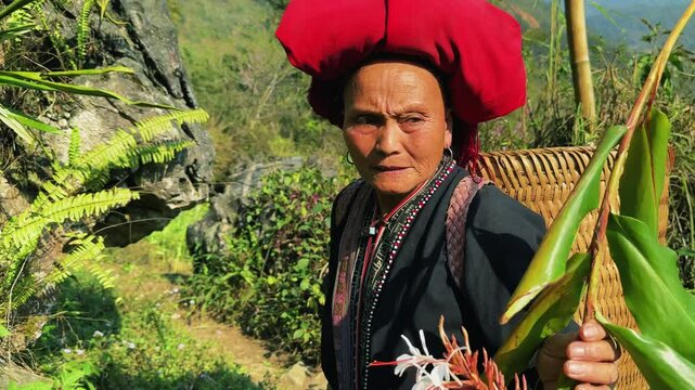 Elderly woman foraging herbs in Tả Ph&igrave;n, wearing traditional Black Dao clothing