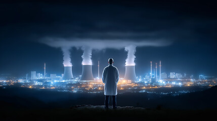 Nuclear Energy Visionary: A lone scientist in lab coat stands at the precipice, overlooking a sprawling nuclear plant at night, embodying a vision of future energy.