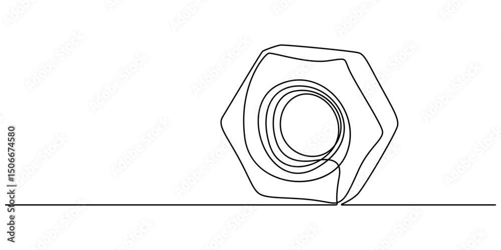 Poster bolt nut continuous line vector illustration, Nut one line drawing vector. Nut continuous line drawing vector. Nut a single line drawing. Background contour line Nut vector, Female screw, metal nut.