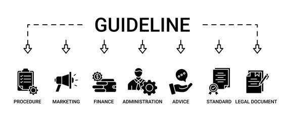 Guideline banner web icon set vector illustration concept with icon of rule, procedure, legal document, standard, administration, advice, finance, marketing