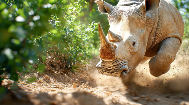 Photorealistic image of rhinoceros charging through lush environment, showcasing its powerful presence and dynamic movement
