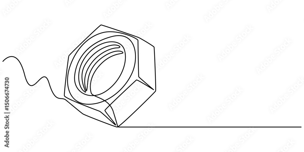 Poster bolt nut continuous line vector illustration, Nut one line drawing vector. Nut continuous line drawing vector. Nut a single line drawing. Background contour line Nut vector, Female screw, metal nut.