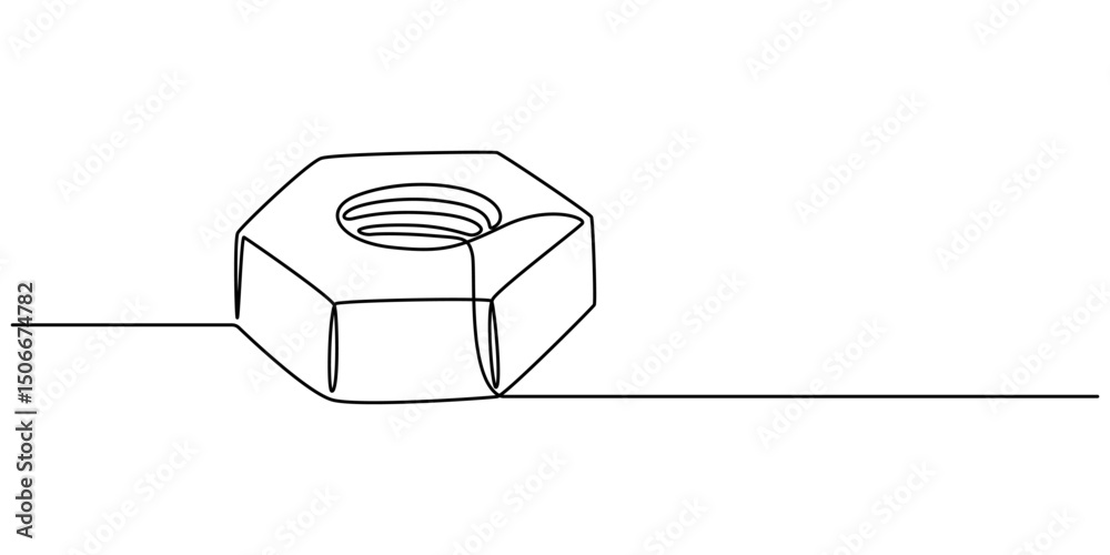 Poster bolt nut continuous line vector illustration, Nut one line drawing vector. Nut continuous line drawing vector. Nut a single line drawing. Background contour line Nut vector, Female screw, metal nut.