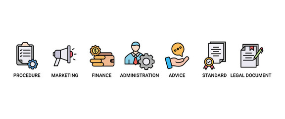 Guideline banner web icon set vector illustration concept with icon of rule, procedure, legal document, standard, administration, advice, finance, marketing