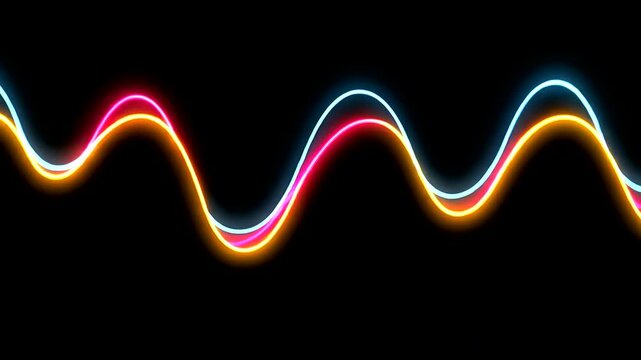 Abstract illustration of three sinusoidal waves glowing in neon colors of blue, pink, and yellow against a stark black background