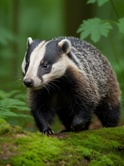 Badger in the green forest. Cute Mammal in environment, rainy day, Germany, Europe. Wild Badger, Meles meles, animal in the wood.