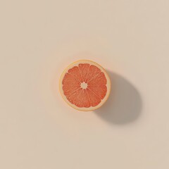 A perfectly centered, cross-sectioned grapefruit slice rests on a pale peach background, casting a subtle shadow.  The image is minimalist and clean