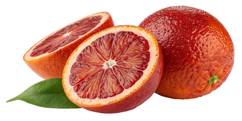 Three Slices of Blood Orange with Leaf, Isolated on Transparent Background, Citrus Fruit, Healthy Food, Blood orange, fruit, food