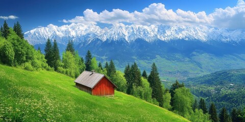 Obraz premium Idyllic red cabin nestled on a verdant hillside, majestic snow-capped mountains forming a breathtaking backdrop under a vibrant blue sky