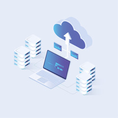 Cloud Data Storage and Big Data Processing with Laptop and Server Racks – Isometric Vector Illustration
