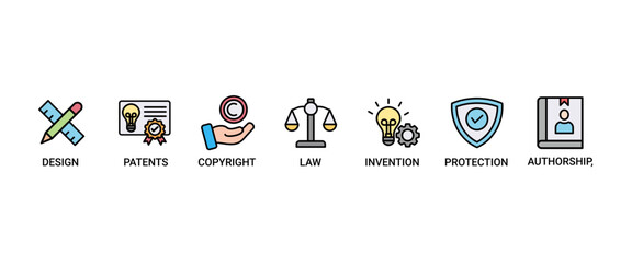 Intellectual property banner web icon set vector illustration concept for trademark with icon of design, patents, invention, authorship, law, copyright, protection, and brand