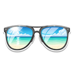 Sunglasses feature a reflective image of a beach. 