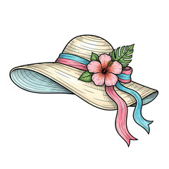 Wide-brimmed straw hat with woven texture, adorned by a pink and blue ribbon. 