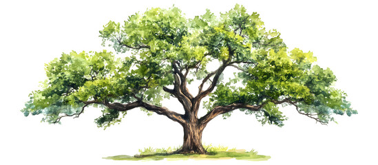Watercolor illustration of an old oak tree with wide branches and lush green leaves isolated on transparent background