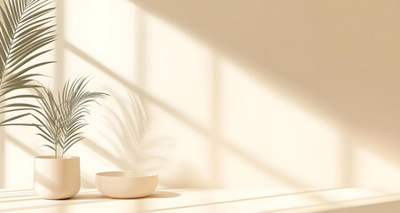 Minimalistic abstract simple gentle light beige background for product presentation with light and beautiful shadow from window on wall.