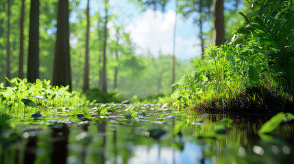 Obraz premium Serene swamp scene featuring lush greenery, cypress trees, and calm water reflecting vibrant surroundings