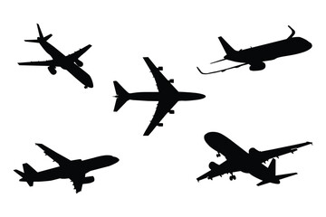 A black and white plane illustration. Airplanes silhouette black.