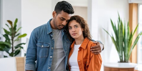 A man gently comforts a sad woman with his arm around her. Illustrates support, empathy, and emotional connection in a modern home.