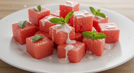 Refreshing Watermelon Cubes with Creamy Drizzle and Mint