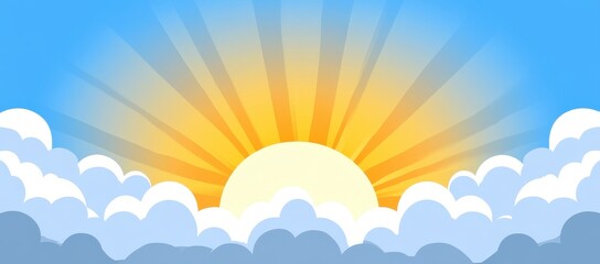 Bright sun rising over fluffy clouds in a clear blue sky, depicted with stylized sun rays