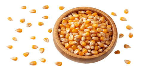 Wooden Bowl of Corn Kernels Isolated on Transparent Background, Food Photography, Top View, Popcorn, Maize, Grain