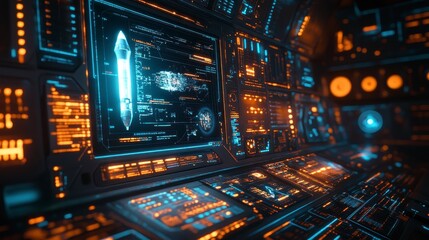 Obraz premium Futuristic Control Panel with Neon Lights and Complex Interface Design