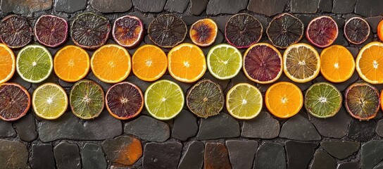 Vibrant citrus slices arranged in a row on a dark stone background