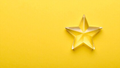 Fototapeta premium パステルイエローの柔らかな背景に透明アクリル星が右下隅に置かれ、軽やかな夏の空気が感じられる爽やかなミニマルデザイン