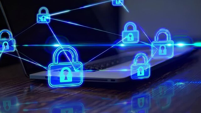 Blue locks float near laptop screen. Cybersecurity symbols show protected system. Network connected with digital locks. Secure data network locks. Technology security digital encryption