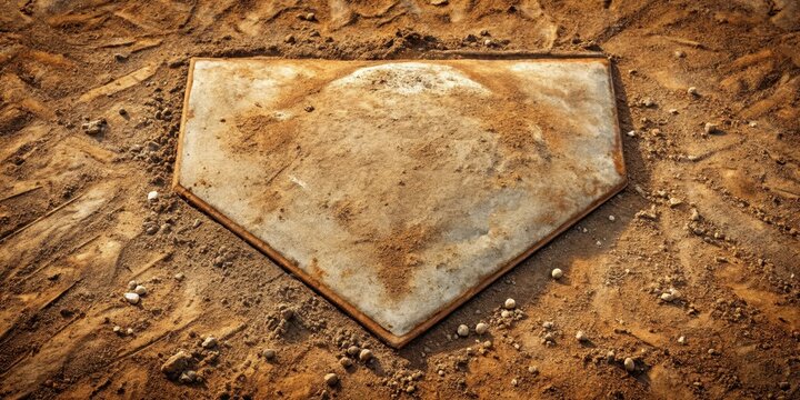 Dirt covered baseball home plate with a worn-out surface and cracks