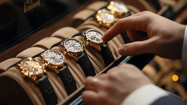 Elegant businessman admiring luxury watches in a store, showcasing a gold timepiece. Close-up highlights the intricate details of the expensive watch, representing affluence and style