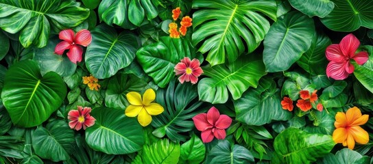 Lush tropical foliage backdrop featuring vibrant red, yellow, and orange hibiscus and other exotic flowers nestled amongst large, glossy green leaves